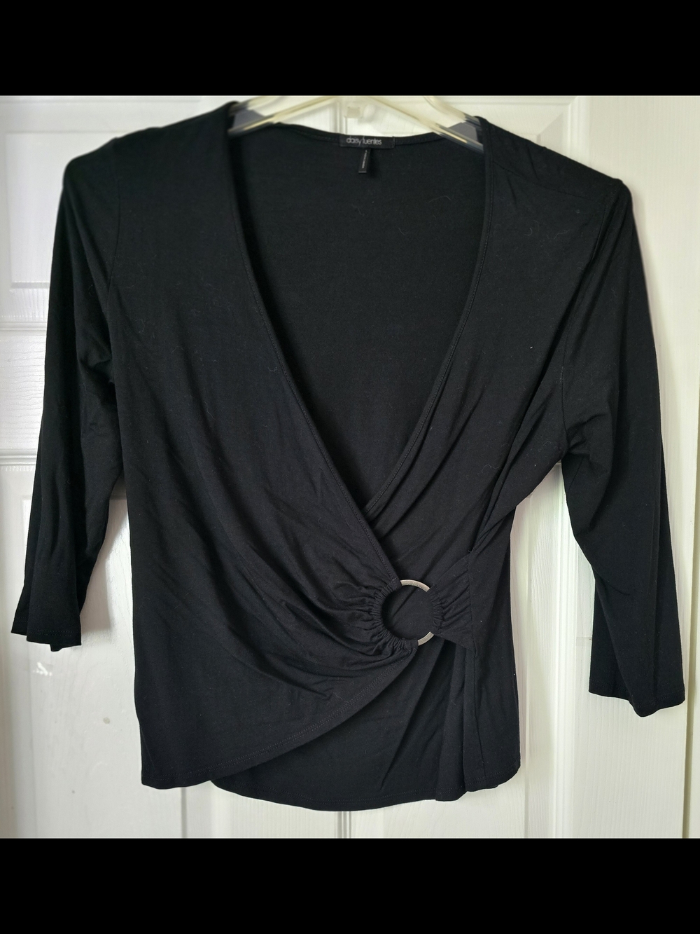 Daisy Fuentes Black Faux Wrap V-Neck O-Ring Top - Size L